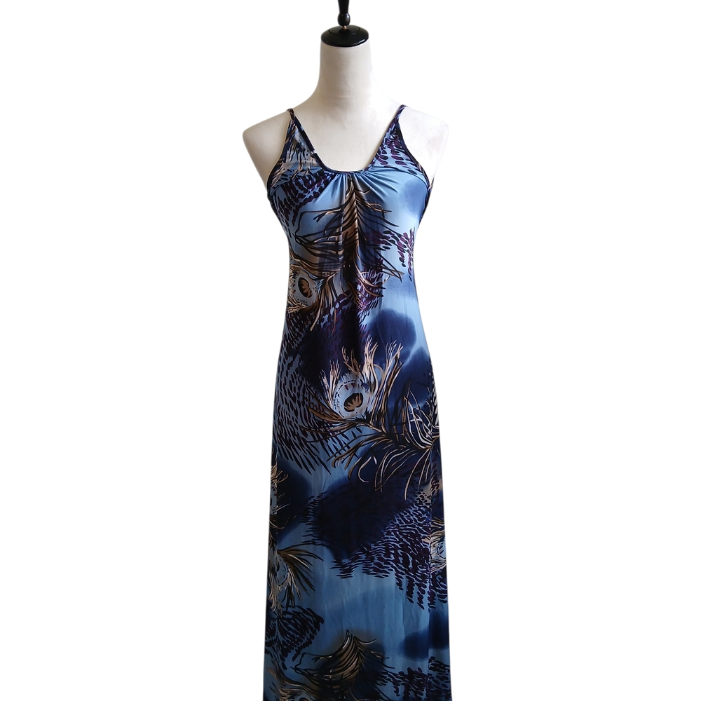 Paradise - Blue & Purple - Peacock Print - Maxi Dress - Backless - Size Small